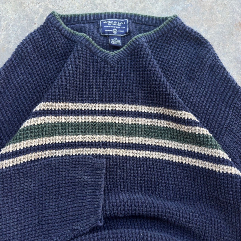 Vintage 90s American Eagle Sweater Heavyweight Striped Navy Blue Large j3